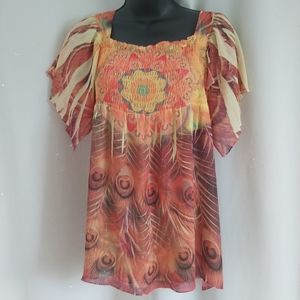 ONE WORLD | Women's Floral Top Orange Yellow Size Large